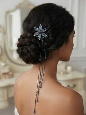 Blue & Lavender Rhinestone Flower Hair Comb With Cascading Crystal Strands 2"